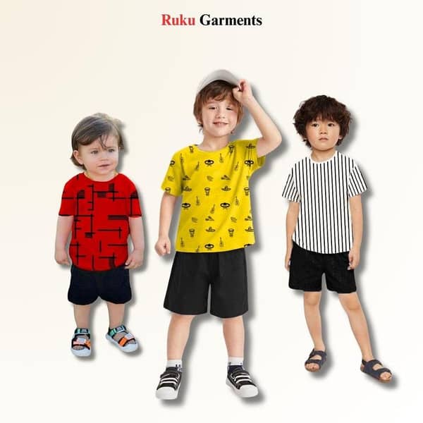 Ruku Garments Kids' Pack of 3 Contrast Tees and Shorts with Allover Print