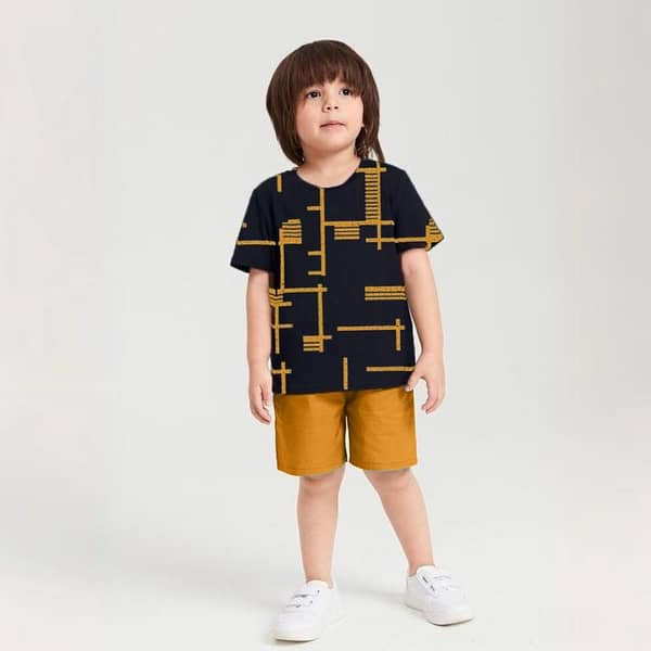 Ruku Garments Kids' Contrast Tees and Shorts Set with Allover Print