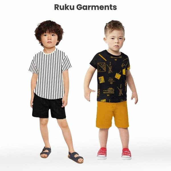 Ruku Garments Kids' Pack of 2 Contrast Tees and Shorts with Allover Print