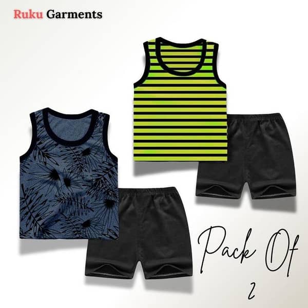 Ruku Garments Kids Clothing Set: Pack of 2 Sandos and Shorts for Summer Wear