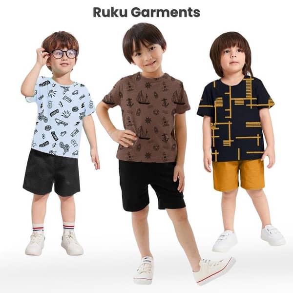 Ruku Garments Kids' Pack of 3 Allover Printed Tees and Shorts Sets