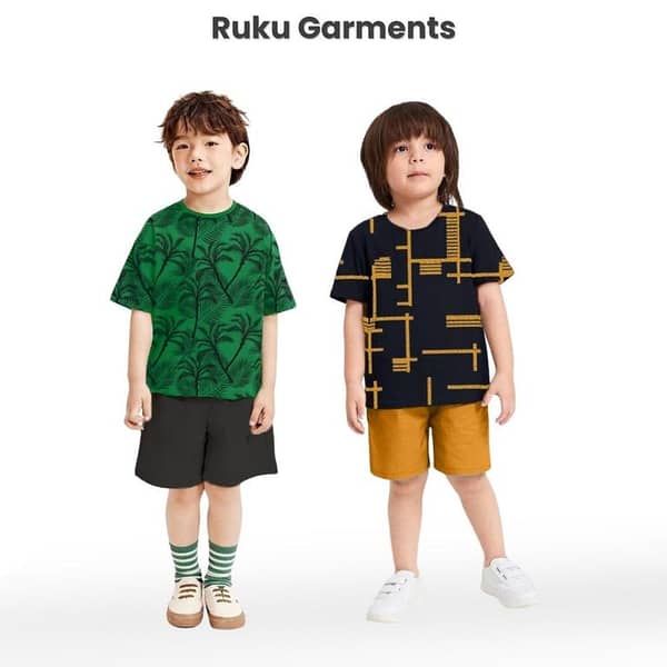 Ruku Garments Kids' Pack of 2 Contrast Tees and Shorts with Allover Print