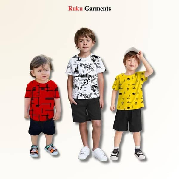 Ruku Garments Kids' Summer Pack of 3 Allover Printed Tees and Shorts Set