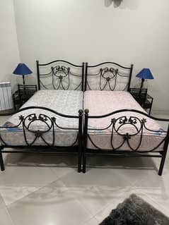 Iron Single Beds with Mattress matching Bedside Tables and Side Lamps