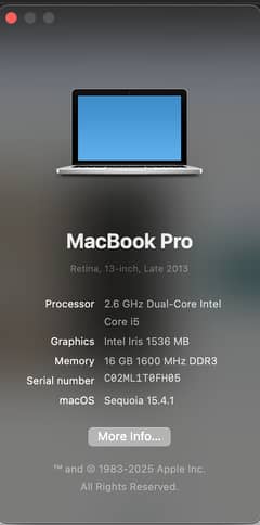 MacBook Pro 2013 – 16GB RAM | 1TB SSD | Sequoia OS
