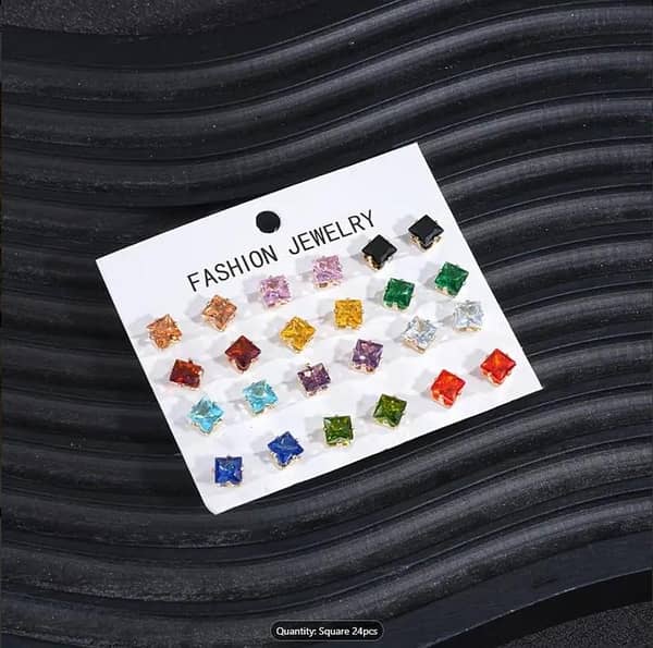 Zirconia Stud Earrings Set with Colorful Heart and Square Designs | Unisex Minimalist Earrings for Everyday Use, Holidays, and Special Occasions | Jewelry Gift Pack for Women