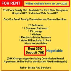 2nd Floor Family Flat  Available For Rent Near Gangaram OPD