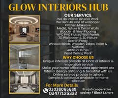 False Ceiling, wallpaper, curtain, window blinds Pvc sheets Glass work
