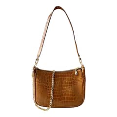 Leather Croc-Embossed Shoulder Bag – With Gold color Chain