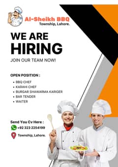 BBQ chef / Karahi Chef / Burgar Shawarma kariger / Waiter/ Bar tender