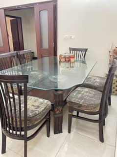Wooden and glass dining table with 6 dining chairs
