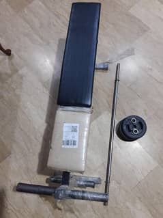 Excersice bench, with 4 feet bar (with locks) & 8kg Rubber  plates