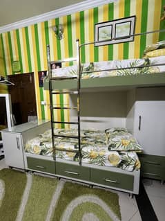 Modern Bunk Bed + Study Table Set with Storage – Great Condition
