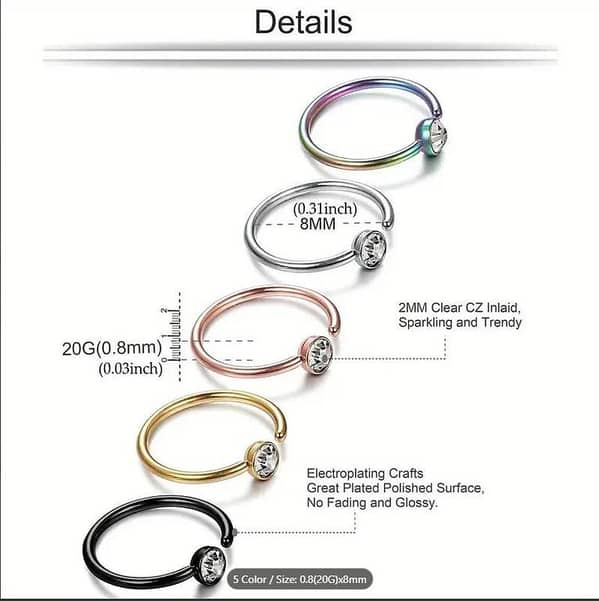 Handcrafted Golden Nose Ring for Women and Girls – 8mm Multicolor Tiny Hoop and Septum Ring – Non-Piercing Options Available, Hypoallergenic Body Jewelry for Everyday Use