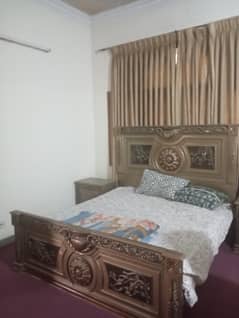wooden bed set with side table and dressing