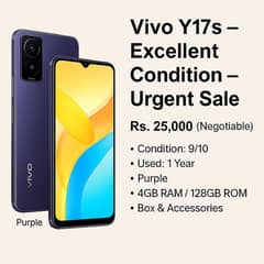 Vivo Y17s (4+4GB / 128GB) – Excellent Condition – Urgent Sale