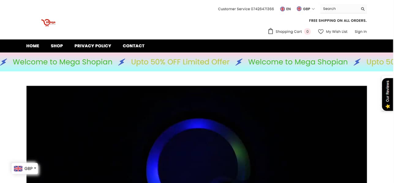 Megashopian. com shopify website for Sale UK based full active 1