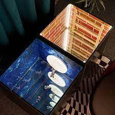 Modern Black Abstract Coffee Table with Infinity Mirror Well, Cool Squ