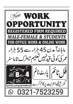 Online work is Available for male female and students.