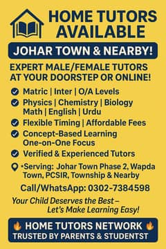 Verified Home Tutors Johar Town Lahore