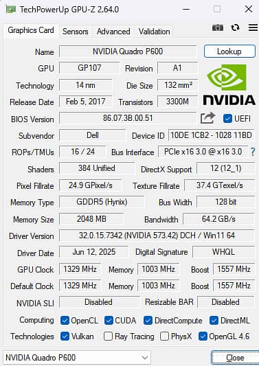 Quadro P600, 2GB GDDR5, better then GTX 750 TI, With Free connector 3