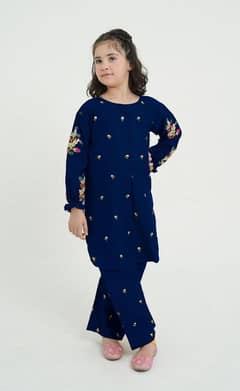 2 Pcs Girl's Cotton Embroidered Shirt and Trouser Suit.