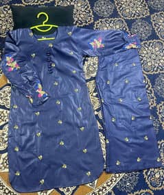 2 Pcs Girl's Cotton Embroidered Shirt and Trouser Suit.