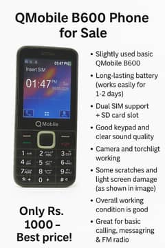 QMobile B600-Dual SIM Phone | Working Condition | Only Rs. 1000