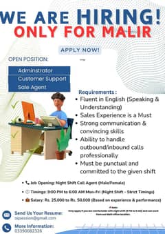 Need calling agent in Malir (Fluent English)