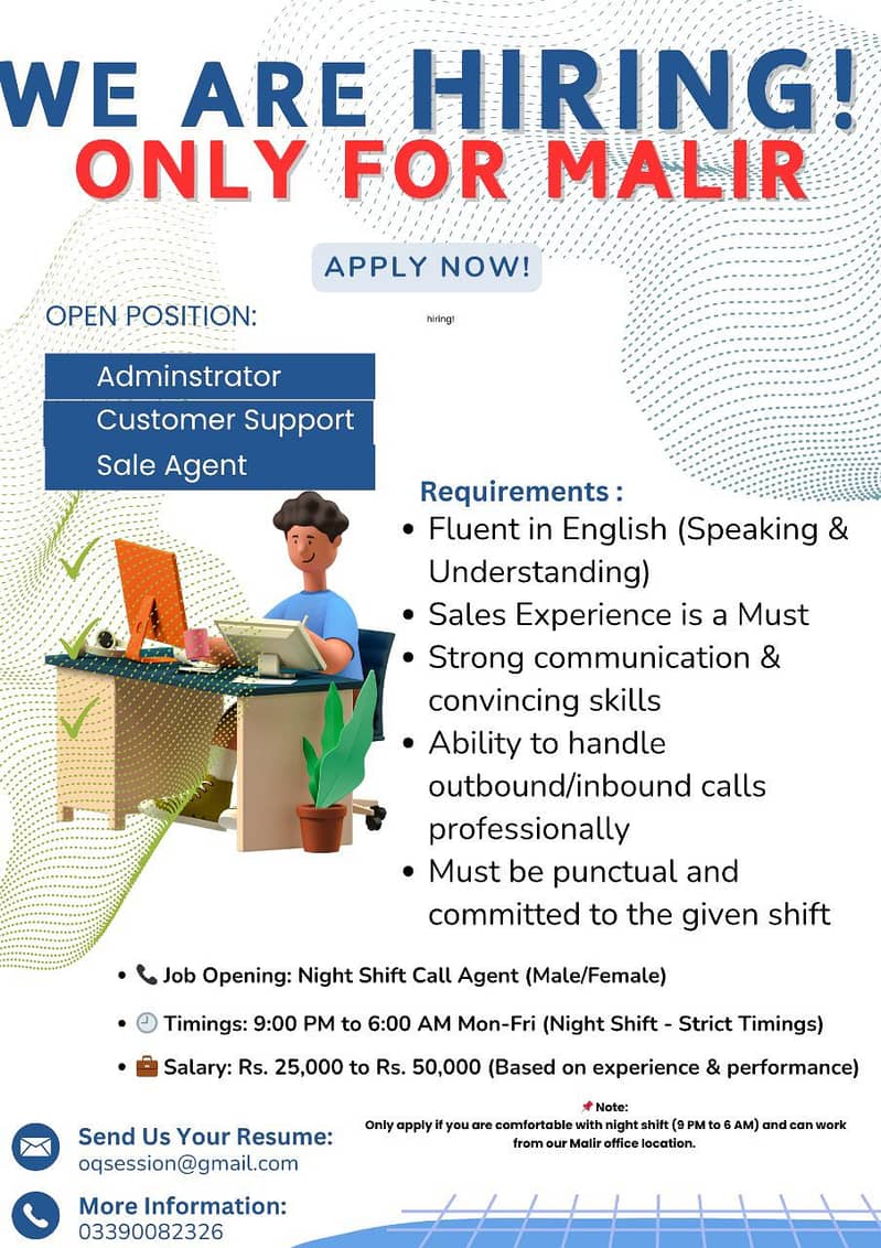 Need calling agent in Malir (Fluent English) 0