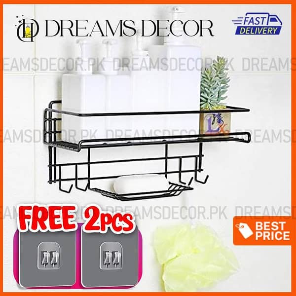 Bathroom Rack and Soap Dish Holder - Bathroom Shelves with Hook - Multipurpose Soap and Shampoo Holder with 4 Hook - Adhesive Metal Shelf Without Drilling (Black)