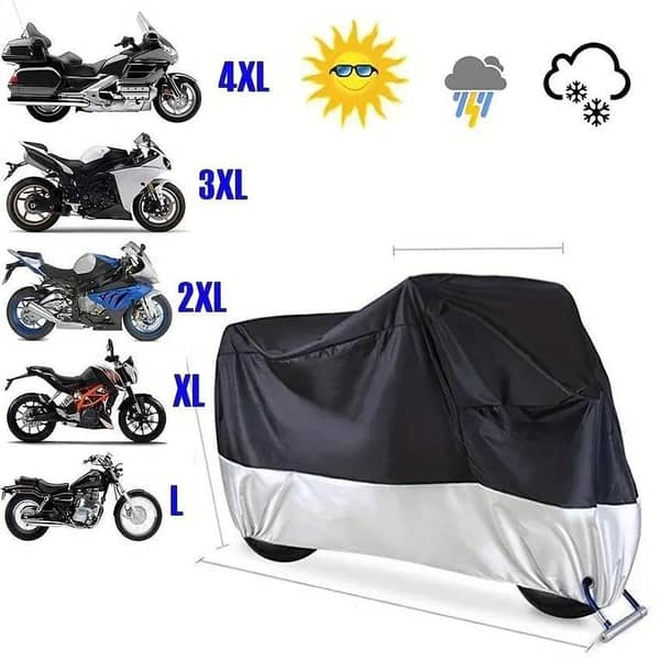 MOTOR BIKE COVER ALL SIZES WITH FREE STORAGE BAG BIKE PARKING COVER- WITH LOCK HOLE, DUST SCRATCH AND WATER PROOF WATER RESISTANT OUTDOOR & INDOOR 70CC, YBR, 110CC, 125CC, 150CC, 100CC & HEAVY BIKES.