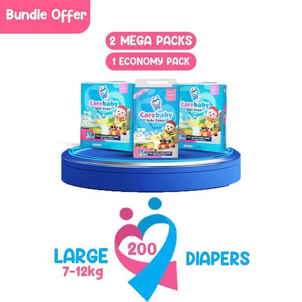 Carebaby Large Diapers - 200 Count (2 Mega Packs & 1 Economy Pack)