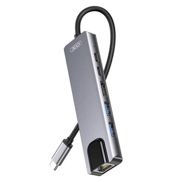 XO HUB013 USB C Hub 6 in 1 Type C to HDMI 4K, 2 USB 3.0 Ports, RJ45, 2 100W PD Charging Adapter Multifunctional Docking Station