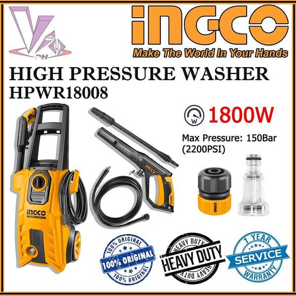 Ingco High Pressure Washer 1800W-150Bar for Cars