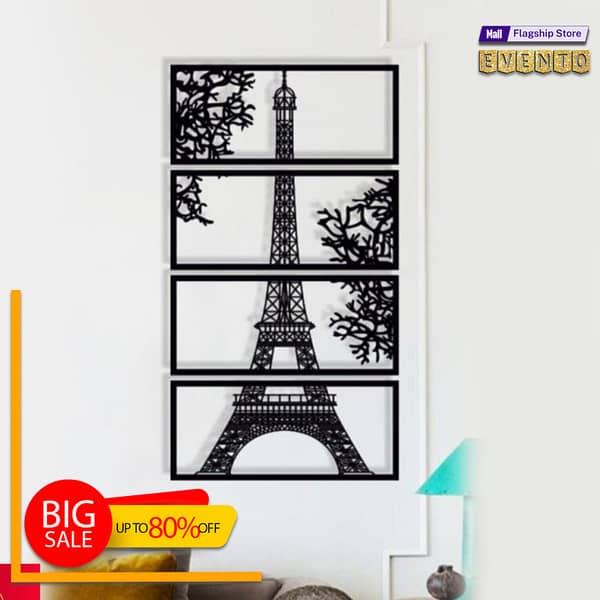 EVENTO Eiffel Tower Abstract Wooden Wall Art New Creative 4 Panels Laser Cut DIY Design Decoration Piece for Home Decor Living Room and Office and for Gift Items