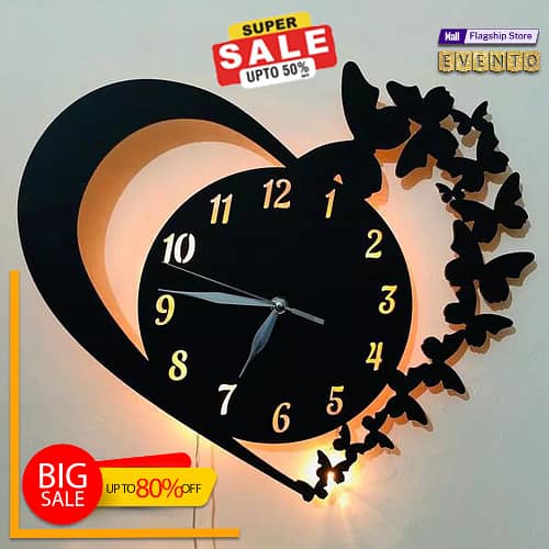 EVENTO Wooden 3D Heart Clock With light Wall Hanging Big Size Clock Quartz Watch DIY Design Decoration For Bedroom, Home Decor Living and Drawing Room And Offices And For Gifts Piece Item