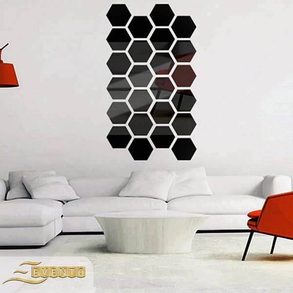 EVENTO Acrylic Mirror Hexagon | 3D Acrylic Wall Decoration Items for Home Decore and Living Room | Room Decoration Items for Wall Decor Ideas | Mirror Sticker for Bedrooms and Offices and for Gift Items | Silver Golden Black Hexagon Wall Stickers & Decals