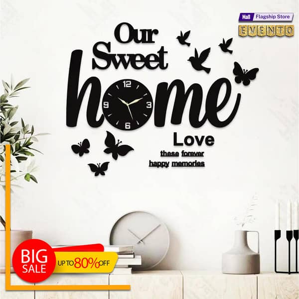 EVENTO Our Sweet Home 3D Wooden Wall Clock Quartz Watch DIY Design Decoration Piece for Home Decor and Living Room Creative Wooden Clock for Offices and for Gift Items