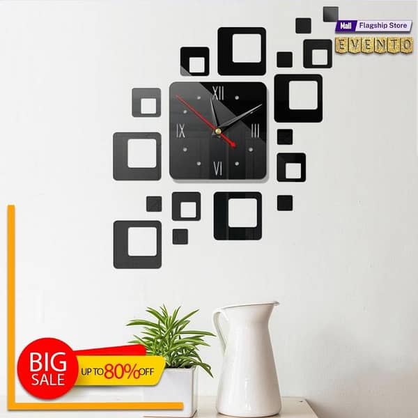 EVENTO Square Shaped 3D Wooden Wall Clock Quartz Watch DIY Design Decoration Piece for Home Decor and Living Room Creative Wooden Clock for Offices and Girls Room and for Gift Items