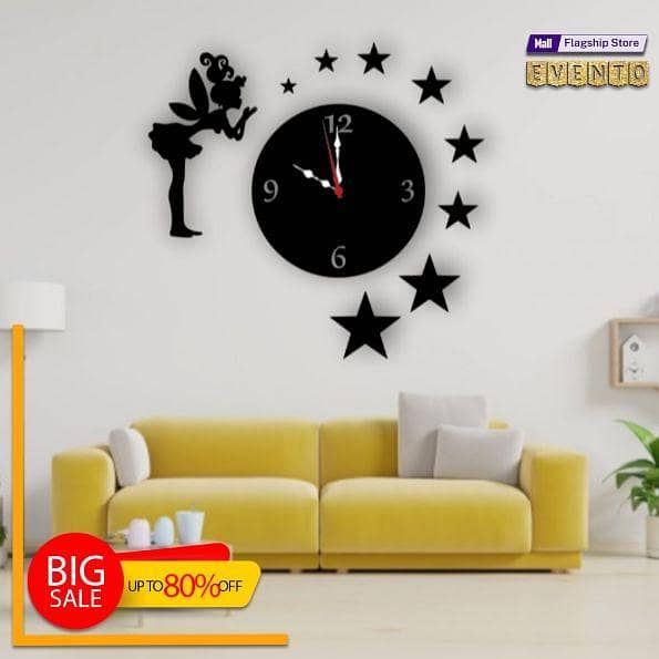 EVENTO Fairy with Stars 3D Wooden Wall Clock Quartz Watch DIY Design Decoration Piece for Home Decor and Living Room Creative Wooden Clock for Girls Room and for Gift Items