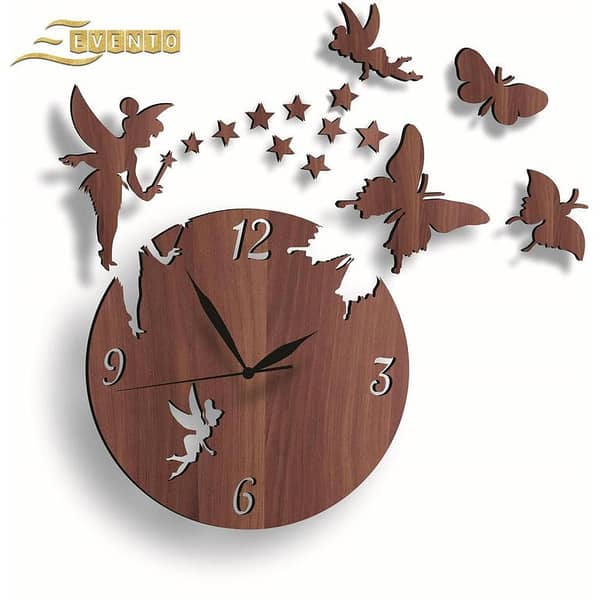 EVENTO Fairy And Butterflies Wall Clock Wooden And Acrylic Watch DIY Design Decoration Piece Item For Home Living Room And Offices And For Gifts - Brown