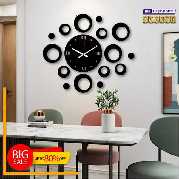 EVENTO Circles Style 3D Wooden Wall Clock Quartz Watch DIY Design Decoration Piece for Home Decor and Living Room Creative Wooden Clock for Offices and Girls Room and for Gift Items