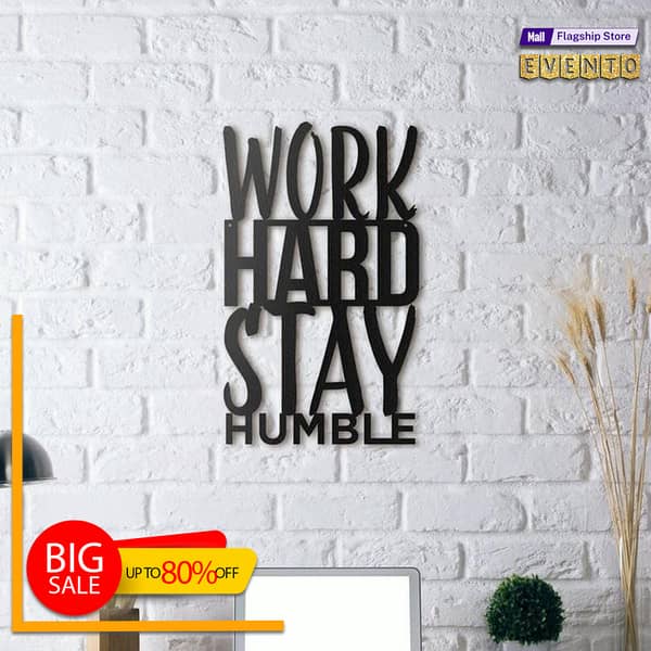 EVENTO Work Hard Stay Humble 3D Wooden Wall Art New Motivational Quote Laser Cut DIY Design Decoration Piece for Home Decor Living Room and Offices and for Gift Items