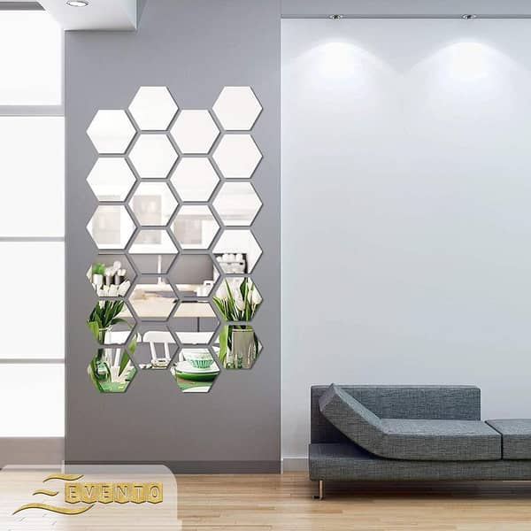 Evento Silver Acrylic Mirror Hexagon 3d Wall Sticker Sets Decore Art Hexagonal Design Decoration For Home Decor Living Bed Room And Offices And For Gifts Piece Item (12 pieces)