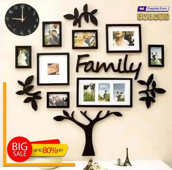 EVENTO Family Frames Tree 3D Wooden Wall Clock Quartz Watch DIY Design Decoration Piece for Home Decor and Living Room Creative Wooden Clock for Girls Room and for Gift Items