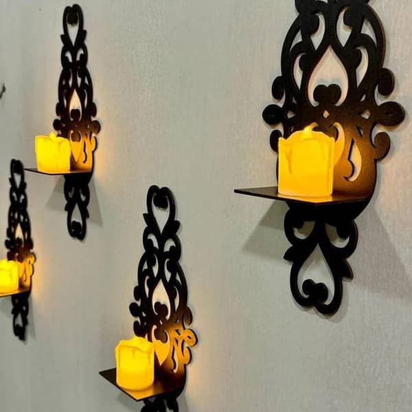 EVENTO Antique Style Shelves for wall decore | 3D Laser Cut DIY Design Decoration Piece for Home Decor and Living Room | Wooden Floating Shelf | Round Candle Stand | Wall Shelf for Bedroom Offices and Girls Room and for Gift Items