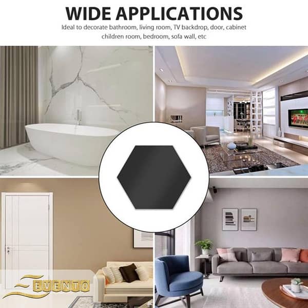 Evento Black Acrylic Mirror Hexagon 3d Wall Sticker Sets Decore Art Hexagonal Design Decoration For Home Decor Living Bed Room And Offices And For Gifts Piece Item (12 pieces)