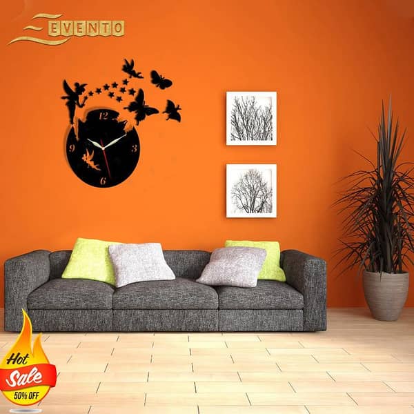 EVENTO Fairy And Butterflies Wall Clock Wooden And Acrylic Watch DIY Design Decoration Piece Item For Home Living Room And Offices And For Gifts - Black
