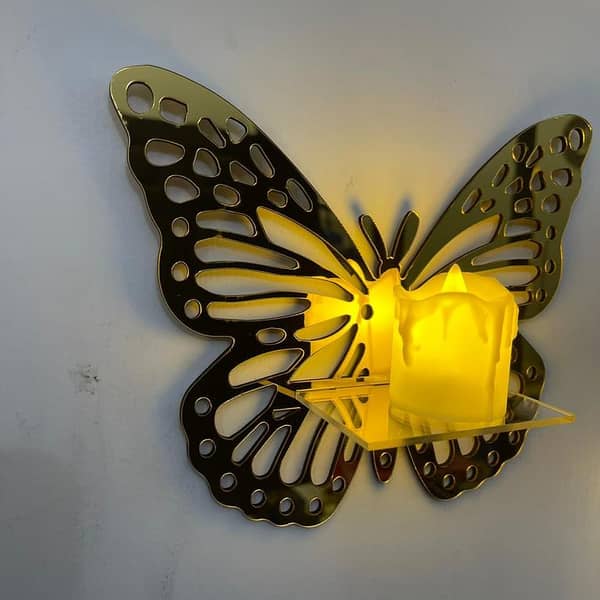 Evento Decorative Premium Acrylic Mirror Wall Shelves Leaf and Butterfly 3d Wall Shelf Sets Light Big Size | Decor Art Candlestick Design Candle Stand | Decoration For Home Decor Living Bed Room And Offices Furniture | Gifts Piece Item